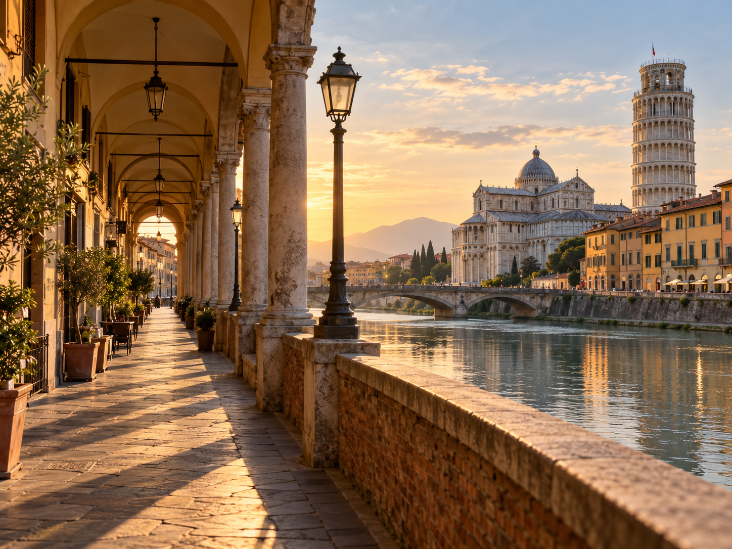 Veduta interpretata artisticamente di Pisa e del lungofiume